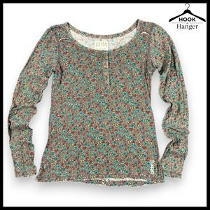 Billabong Womens M Long Sleeve Fitted Ditsy‎ Floral Print Henley Shirt Gray Blue